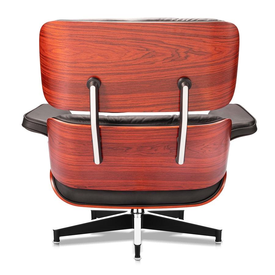 Back view of the XL Tall Replica Eames Lounge Chair in palisander and black genuine leather, highlighting its elegant design and detailed craftsmanship.