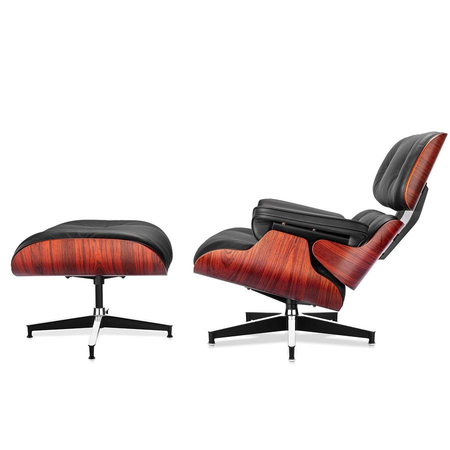 Side profile shot of the XL Tall Replica Eames Lounge Chair and Ottoman in rosewood and black leather, showcasing their iconic design and elegant silhouette first introduced in 1956.