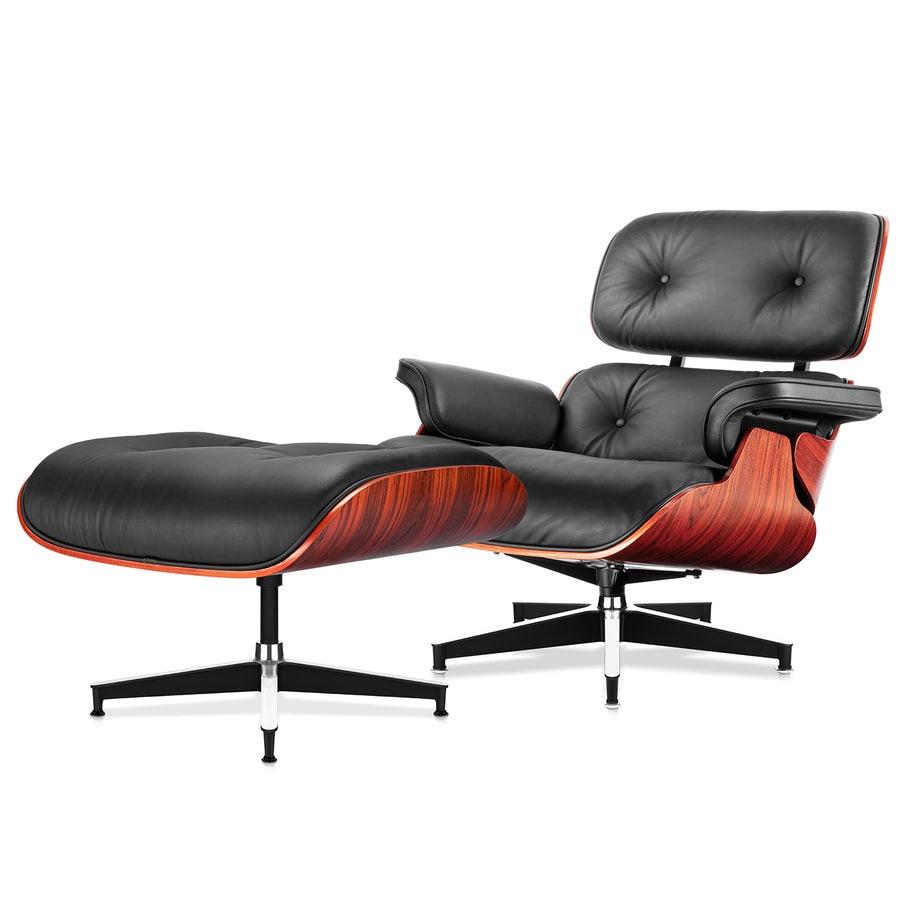 Front-angled shot of the XL Tall Replica Eames Lounge Chair and Ottoman in rosewood and black leather, highlighting their classic design and refined details first introduced in 1956.