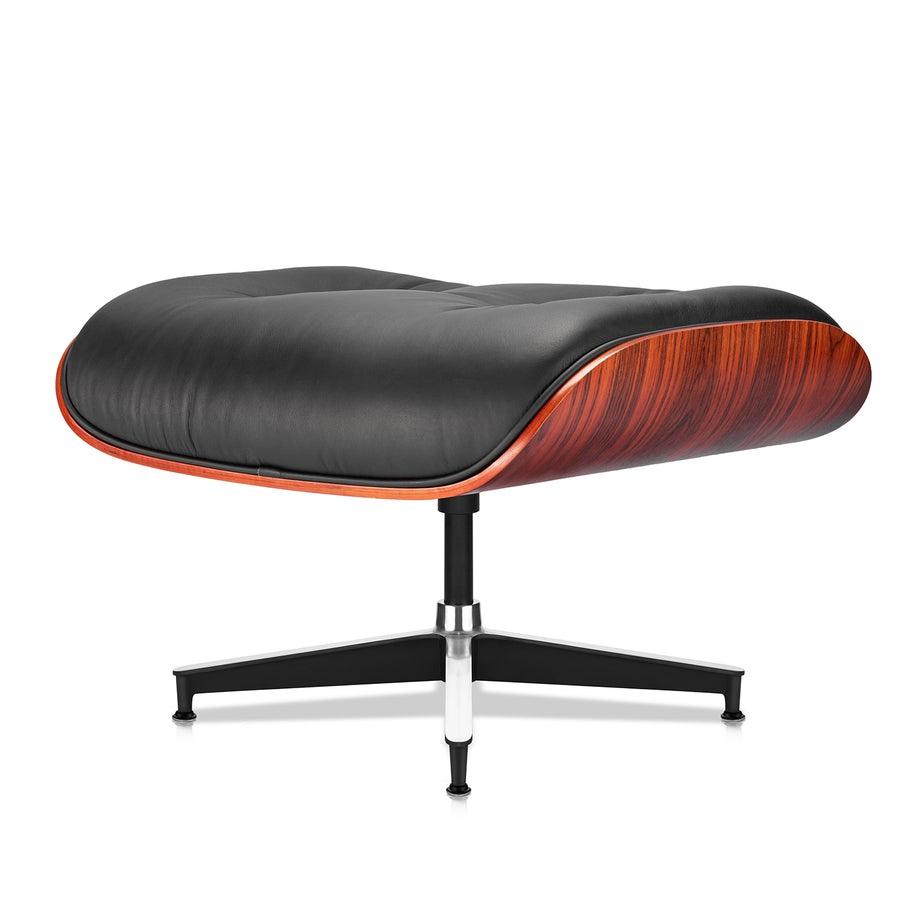 View of the XL Tall Replica Eames Ottoman in rosewood and black leather, featuring its classic design and premium craftsmanship.
