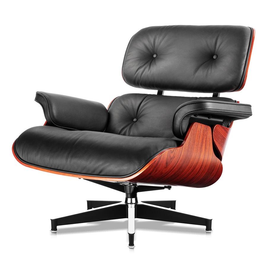Front-angled view of the XL Tall Replica Eames Lounge Chair in rosewood and black leather, displaying its iconic design and high-quality materials.