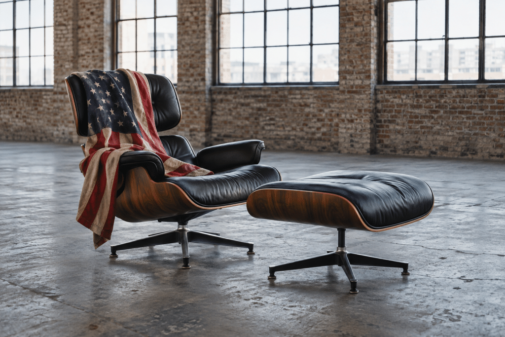 Black leather lounge chair and wood veneer ottoman with an American flag draped over the chair in a brick-walled interior